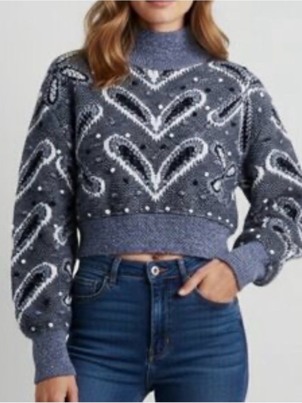 Zara Blue Gray Paisley Heart Cropped Mock Neck Sweater L